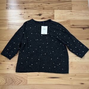 Zara Charcoal Sweater Top with Pearl Details 3/4 Sleeves Size L